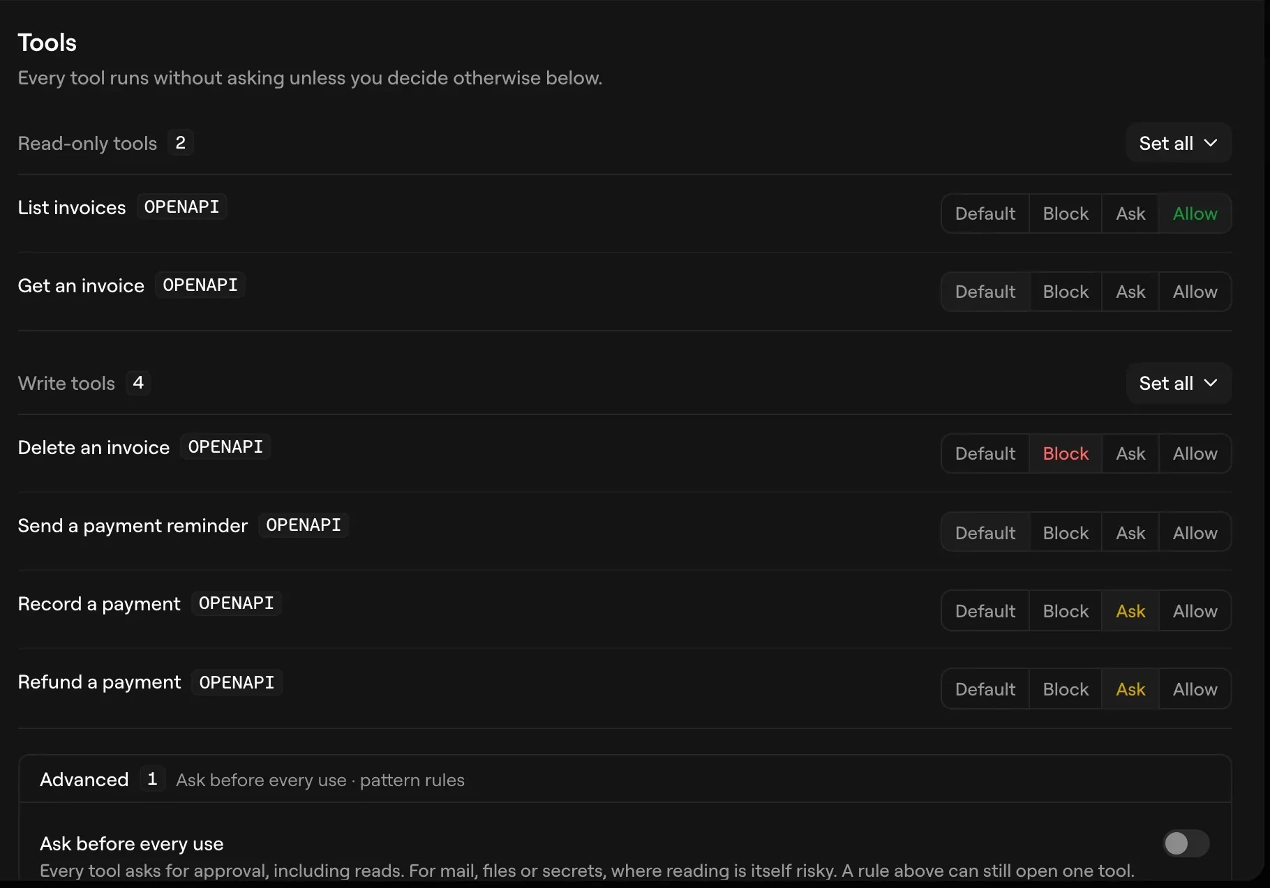 The Tools tab on the Northwind Billing connector sets a policy for each action: List invoices is Allow, Get an invoice and Send a payment reminder stay on Default so the connector's policy decides them, Delete an invoice is Block, and Record a payment and Refund a payment are Ask so each call waits for a person